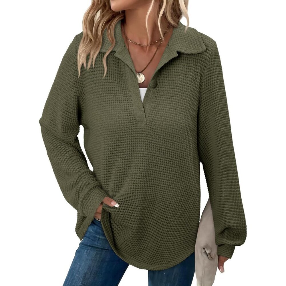 Women's Waffle Knit Top Long Sleeve V-Neck Casual Fall Winter Fashion